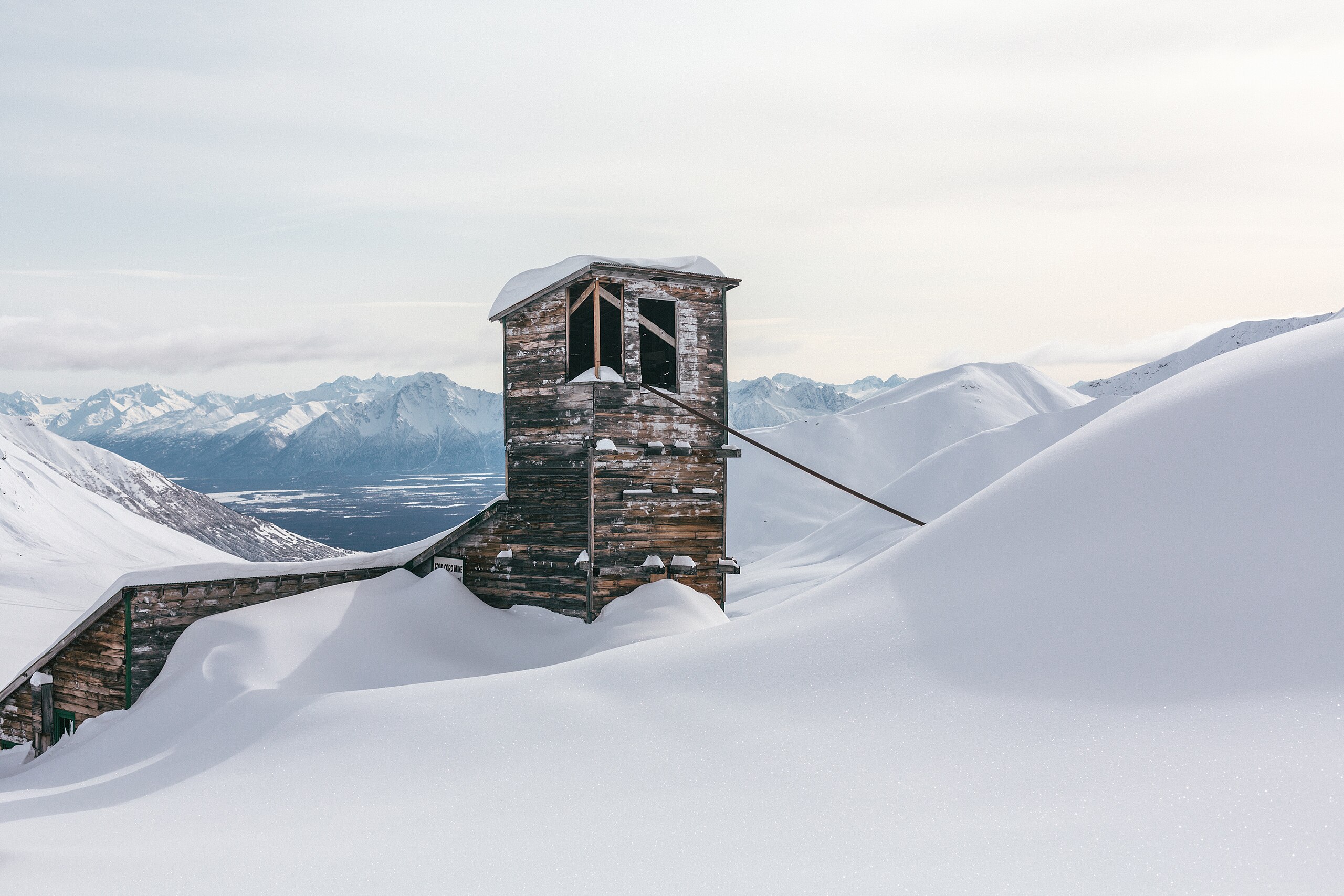 Historical structure at Independence Mines, Alaska, in winter